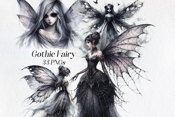 Gothic Fairy Clipart: Watercolor Dark Fantasy PNG Illustrations (Digital Download)
