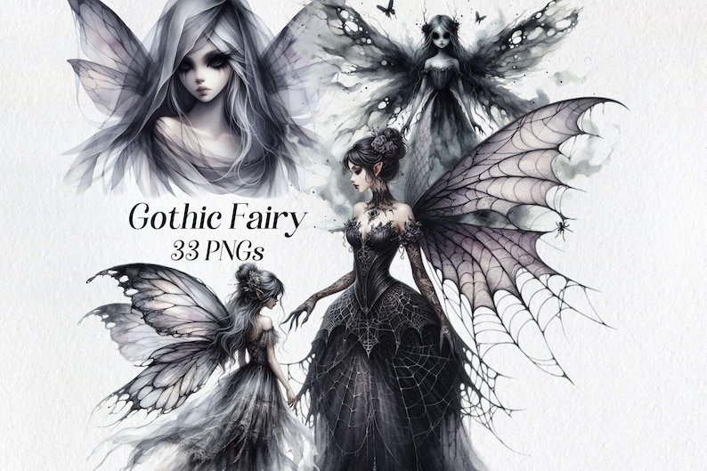 May include: Watercolor illustrations of gothic fairies with dark wings and flowing gowns. The image includes multiple fairy figures in shades of gray and black, with intricate details. Text reads "Gothic Fairy 33 PNGs."