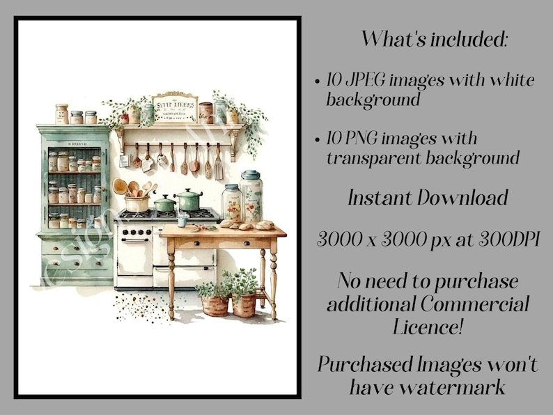 vintage floral kitchen scene clipart set graphic by... Watercolor Country Kitchen Clipart: Vintage Cottage Graphics ...