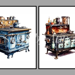 Puede incluir: Dos estufas vintage con detalles ornamentados. La estufa de la izquierda es azul con detalles dorados y tiene un solo horno. La estufa de la derecha es negra con detalles dorados y tiene dos hornos.