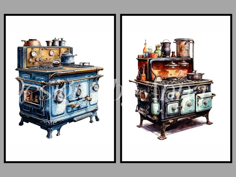 Puede incluir: Dos estufas vintage con detalles ornamentados. La estufa de la izquierda es azul con detalles dorados y tiene un solo horno. La estufa de la derecha es negra con detalles dorados y tiene dos hornos.