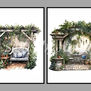 May include: Two watercolor paintings of outdoor seating areas. The first painting shows a wooden bench with blue cushions under a wooden pergola covered in green vines. The second painting shows a white wrought iron table and chairs under an archway covered in green vines.