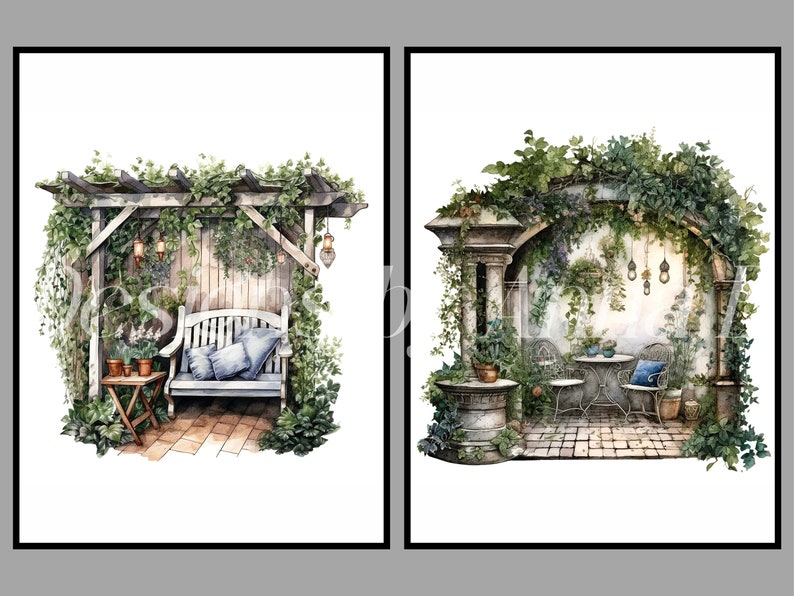 May include: Two watercolor paintings of outdoor seating areas. The first painting shows a wooden bench with blue cushions under a wooden pergola covered in green vines. The second painting shows a white wrought iron table and chairs under an archway covered in green vines.