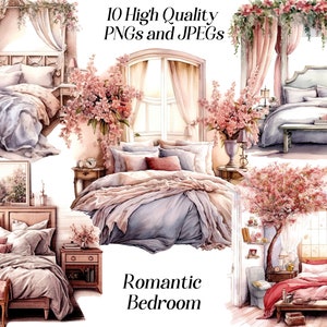 Imágenes prediseñadas de dormitorio de acuarela, 10 archivos JPEG y PNG de alta calidad, dormitorio rosa romántico, diseño de interiores, imágenes prediseñadas de la habitación, imprimibles