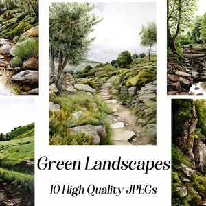 Aquarel groen landschap clipart set, 10 hoge kwaliteit JPEG voor kaarten maken, scrapbooking, afdrukbare muurkunst, digitale download, natuur