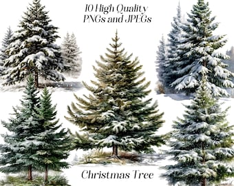 Watercolor Christmas tree clipart, 10 high quality JPEG and PNG files, pine tree clip art, winter Christmas tree illustration, printables