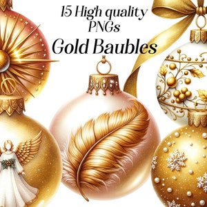 Clipart de enfeites de ouro em aquarela, 15 arquivos PNG de alta qualidade, bugiganga de natal, clipart festivo, bolas de natal, ilustração de ornamento