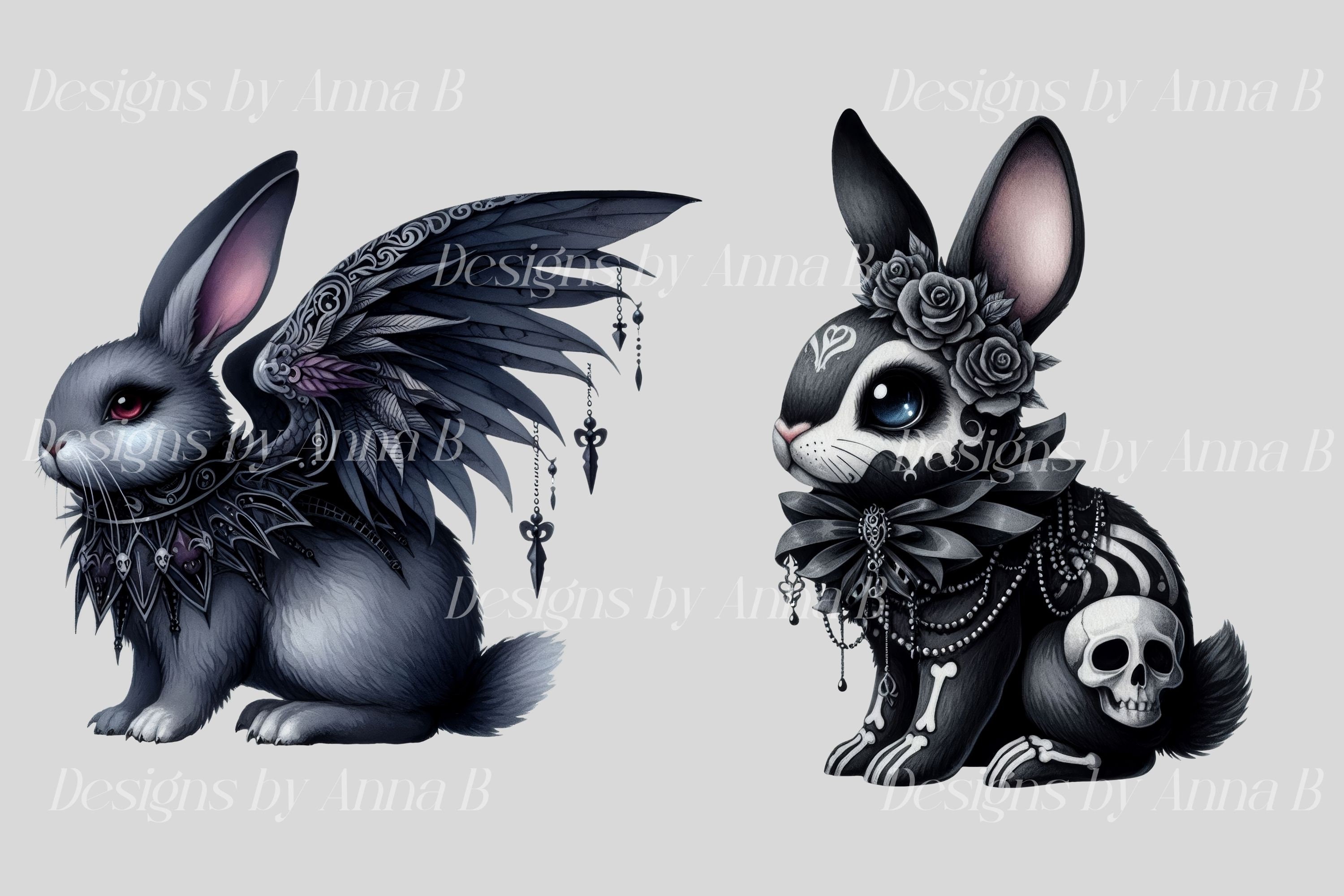 Watercolor Gothic Bunny Clipart: Dark Fantasy PNG Images (digital ...
