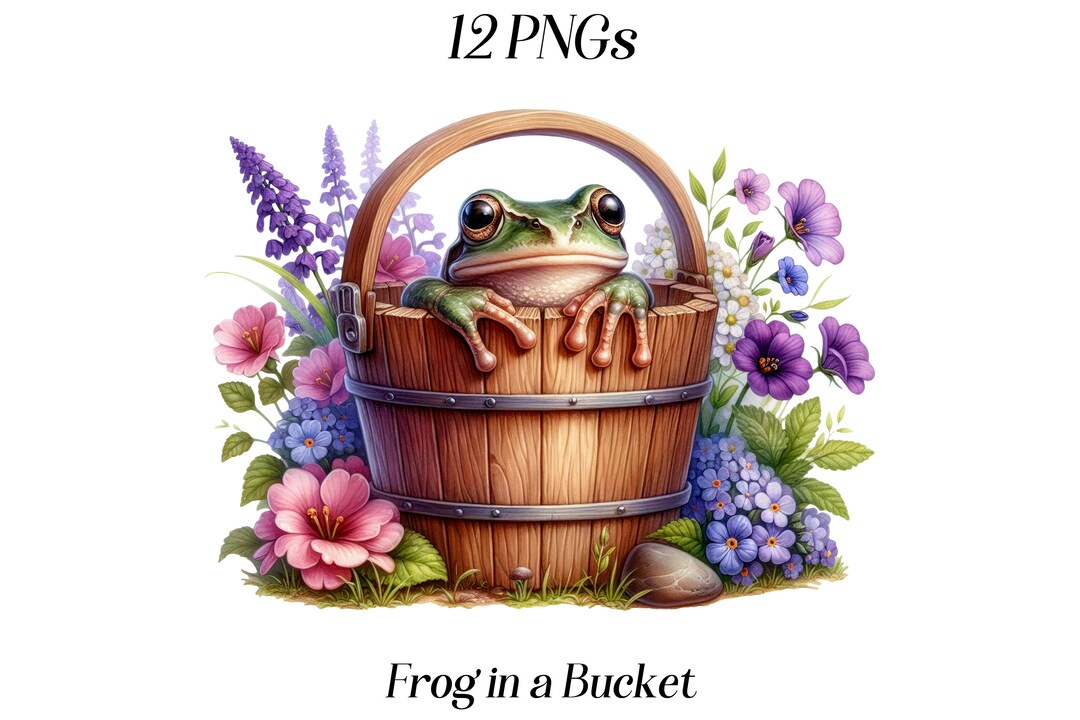 Watercolor Frog in a Bucket Clipart, 12 PNG Files, Cute Frog, Cottage ...
