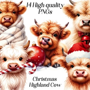 水彩画のクリスマス ハイランド牛のクリップアート、14 個の高品質 PNG ファイル、クリスマスの動物、農場の動物、お祝いのクリップアート、印刷物、冬の休日