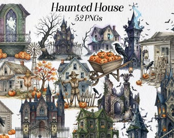 Haunted House Clipart, Spooky Halloween PNG Set (Digital Download)