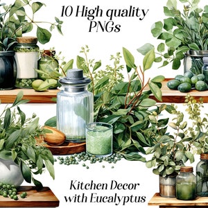 May include: Ten high quality PNG images of kitchen decor with eucalyptus. The images feature various glass jars, bottles, and greenery, including eucalyptus leaves, green berries, and sprigs of herbs. The jars and bottles are filled with green and white ingredients, and some have cork tops. The images are set against a white background.