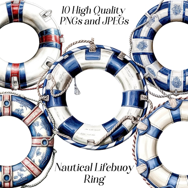 Watercolor lifebuoy clipart, 10 high quality JPEG and PNG files, life saver, life preserver, lifebuoy ring, nautical clipart, blue ring