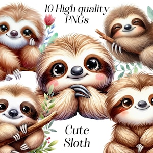 Aquarelle mignon paresseux clipart, 10 fichiers PNG, animaux mignons, art de la chambre d'enfant, clipart animaux, animaux de la jungle, exotique, paresseux bébé mignon, imprimables