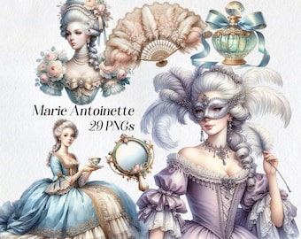 May include: A digital illustration set of Marie Antoinette themed images. The set includes a woman in a blue and white dress, a woman in a purple dress with a masquerade mask, a woman in a white dress with a fan, and a bottle of perfume.
