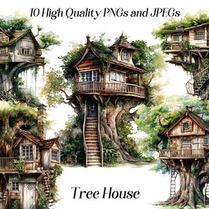 Watercolor tree house clipart, 10 High quality JPEG and PNG files, Cottagecore, treehouse clip art, forest clipart, cute cottage, digital
