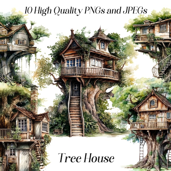 Watercolor tree house clipart, 10 High quality JPEG and PNG files, Cottagecore, treehouse clip art, forest clipart, cute cottage, digital