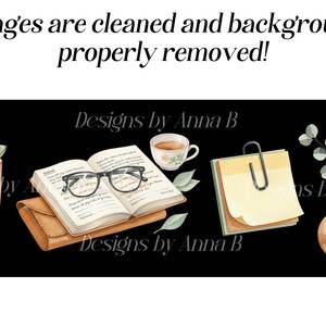 May include: Watercolor illustration of a succulent in a terracotta pot, open book with glasses, notepad with a paperclip, teacup, and a vase with greenery. The text "Images are cleaned and background properly removed!" is at the top.