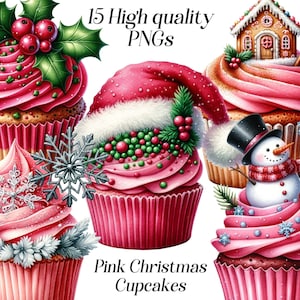 Aquarell rosa Cupcakes Clipart, 15 hochwertige PNG-Dateien, Weihnachtsfutter, Dessert, festliche Kuchen, Winterferien, Printables