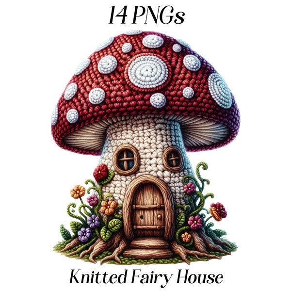 Watercolor Knitted Fairy house clipart, 14 high quality PNG files, fantasy clip art, cute house illustration, knit house, printable images