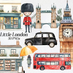 Little London Clipart - Słodkie Akwarelowe Zabytki Miasta PNG, Dziecięca Ilustracja Londynu, Urocza Brytyjska Sztuka