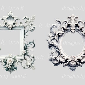 May include: Two ornate white frames with intricate floral designs. The frame on the left has a square opening, while the frame on the right has a circular opening.