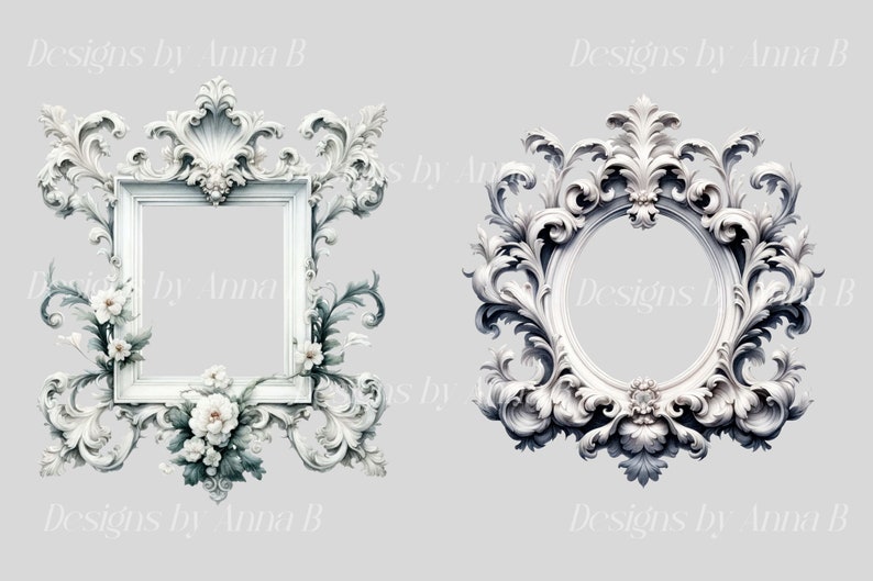 May include: Two ornate white frames with intricate floral designs. The frame on the left has a square opening, while the frame on the right has a circular opening.