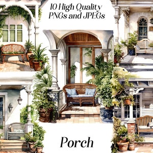 Könnte beinhalten: Eine Aquarell-Illustration einer Veranda mit weißen Säulen, einer Korbliege und Topfpflanzen. Die Veranda ist von üppigem Grün umgeben und hat ein weißes Holzgeländer. Der Text "10 High Quality PNGs and JPEGs" und "Porch" ist auf dem Bild zu sehen.