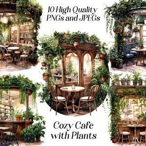 Aquarell Café Clipart, Clip Art Restaurant, png, gemütliche Ecke, Café, gemütliches Café mit Pflanzen, Grünflächen, Café-Interieur, digital