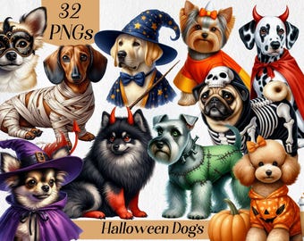 May include: A set of 32 Halloween-themed dog illustrations. The dogs are dressed in various costumes, including a witch, a mummy, a skeleton, a devil, a wizard, and a pumpkin. The illustrations are in a cartoon style and are perfect for use in digital scrapbooking, card making, and other craft projects.