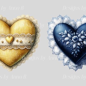 May include: Two heart-shaped pillows with lace trim. One pillow is gold with white lace and the other is blue with white lace and a floral design.