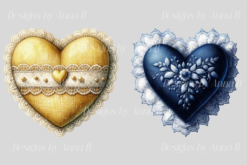 May include: Two heart-shaped pillows with lace trim. One pillow is gold with white lace and the other is blue with white lace and a floral design.