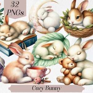 Clipart de coelho aconchegante - Coelho fofo dormindo PNG, coelho em ambientes aconchegantes, arte de coelho relaxante, conjunto de clipart de animais aconchegantes e aconchegantes