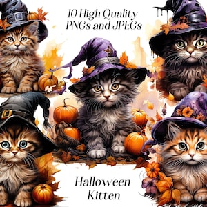 Watercolor halloween kitten clipart, 10 high quality JPEG and PNG Files, halloween clipart, halloween illustration, printables