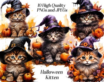 Watercolor halloween kitten clipart, 10 high quality JPEG and PNG Files, halloween clipart, halloween illustration, printables