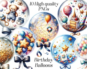 Watercolor Birthday Balloons Clipart, Celebration PNG Graphics (Digital Download)