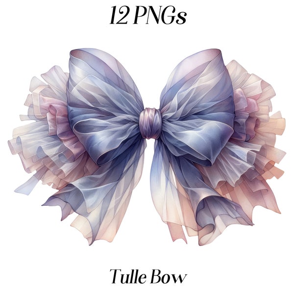 Watercolor Tulle Bow clipart, 12 PNg files, fabric bow, decorative bow, bow illustration, transparent background, printable graphics