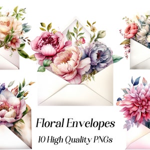 水彩封筒クリップアート、10 個の高品質 PNG、花柄封筒クリップアート、メール クリップアート、手紙クリップアート、封筒グラフィック