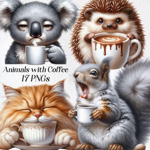 Animals with Coffee clipart, watercolor cute animals clip art, coffee lover, grumpy morning, digital graphics, dogs, cats, pets, printable
