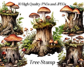 Watercolor tree stump clipart, 10 high quality JPEG and PNG files, woodland clip art, tree with mushrooms, forest illustration, printables