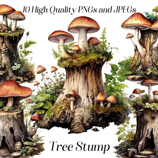 Clipart de souche d'arbre aquarelle, 10 fichiers JPEG et PNG de haute qualité, clipart bois, arbre aux champignons, illustration de la forêt, imprimables