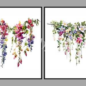 May include: Two watercolor paintings of floral arrangements. The first painting features pink, purple, and green flowers cascading down. The second painting features white, pink, and blue flowers cascading down.