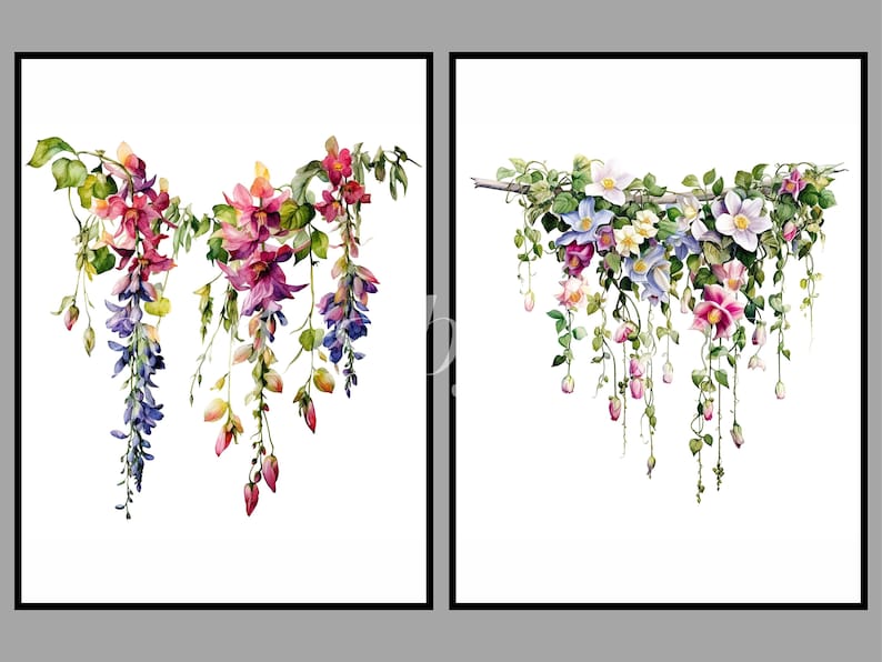 May include: Two watercolor paintings of floral arrangements. The first painting features pink, purple, and green flowers cascading down. The second painting features white, pink, and blue flowers cascading down.