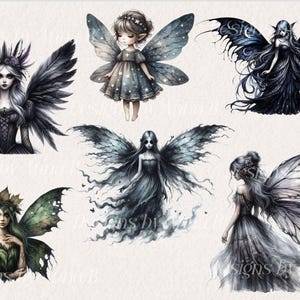 May include: Watercolor illustrations of fairies with detailed wings and ethereal gowns. The fairies are depicted in various poses, with a color palette of black, gray, and green. Some have dark, feathered wings, while others have delicate, translucent wings.