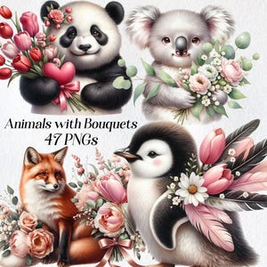 Animaux avec clipart Bouquet, clipart animaux floraux, png, animaux des bois avec fleurs, graphiques numériques, images imprimables, téléchargement