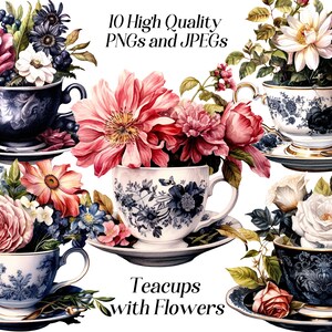 Clipart di tazze da tè ad acquerello, clipart di tazze da tè floreali, png, tazze da tè vintage, fiori, immagini digitali, effimere, diario spazzatura, grafica stampabile