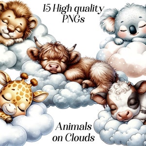 Watercolor Animals sleeping clipart, cute baby animals, nursery, png, digital download, illustration, clouds, cozy animals, commercial use
