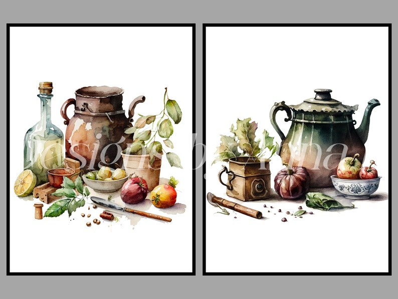Puede incluir: Dos acuarelas de bodegones con utensilios de cocina antiguos. La primera pintura incluye una olla de barro marr&oacute;n, una botella de vidrio, un cuenco de fruta y una planta en maceta. La segunda pintura presenta una tetera verde, un cuenco de manzanas, una planta en maceta y un recipiente de cer&aacute;mica marr&oacute;n.