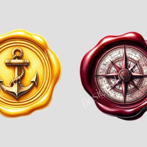 May include: Two wax seals, one yellow with a gold anchor and the other red with a compass.