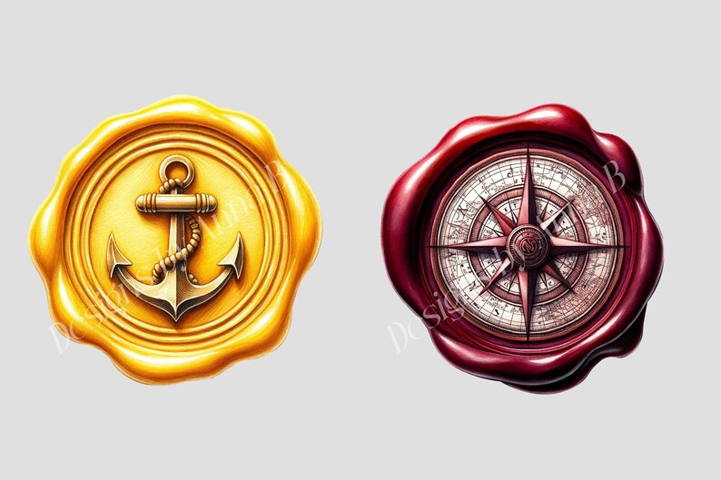 May include: Two wax seals, one yellow with a gold anchor and the other red with a compass.